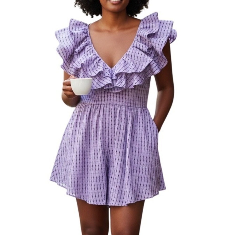 ASOS LUXE Plunge Triple Ruffle Romper In Lilac Gingham Organza Worn Once Size 10